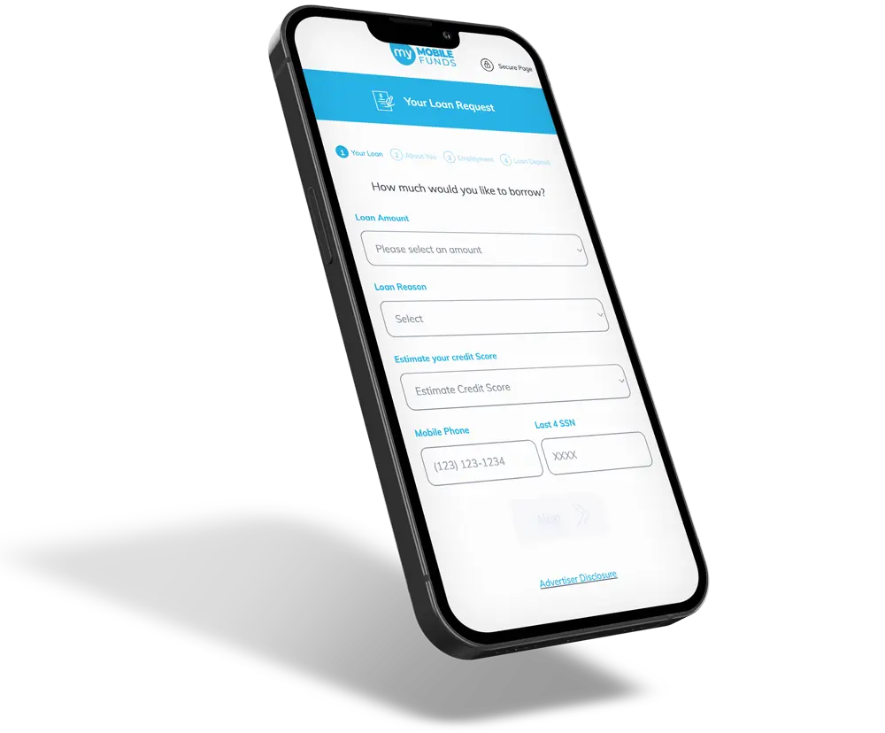 Mobile phone showing MyMobileFunds.com's loan request form.